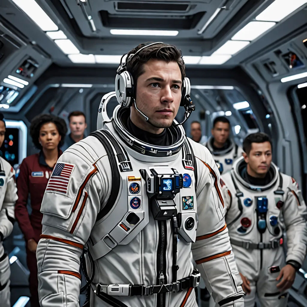 a group of people in space suits walking through a tunnel of space shuttlers, with a man in the center of the photo, Felix-Kelly, space art, a poster, promotional image