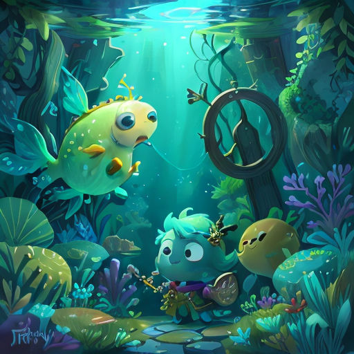 a cartoon fish and a fish in a sea with algaes and plants and a key to unlock it