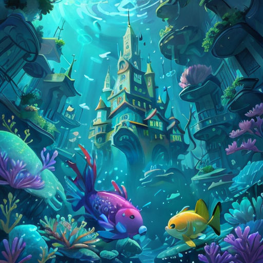 a painting of a castle in the ocean with fish and algaes around it, and a fish swimming in the water
