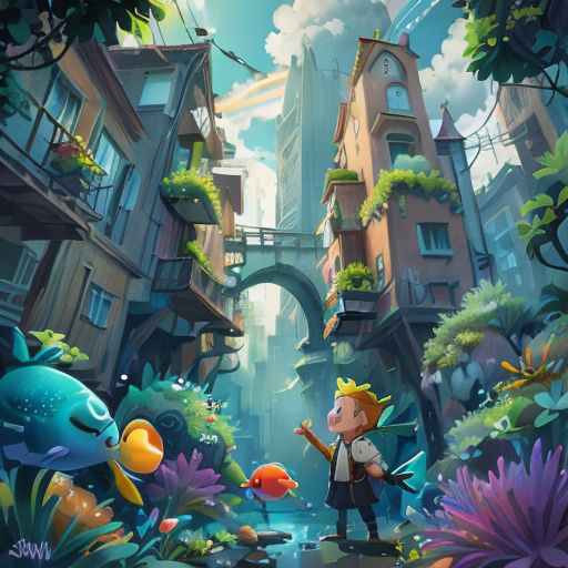 a man standing in a city surrounded by plants and fish, with a bridge in the background and a fish in the foreground