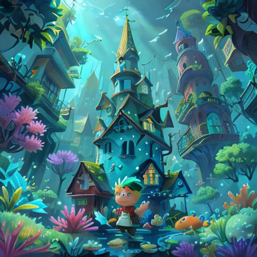 a cartoon scene of a little boy in a pond in front of a castle with a fish in it