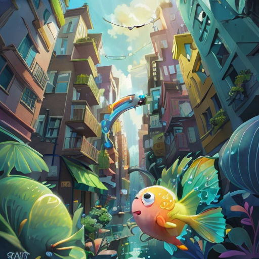 a painting of a city with a fish in the water and a man flying above it on a kite