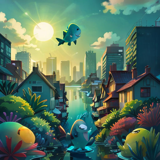 a cartoon of a fish in a city with a river and buildings in the background and a fish flying over the water
