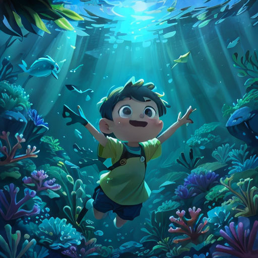 a boy is swimming in the ocean with fish and plants around him, with a light shining on him