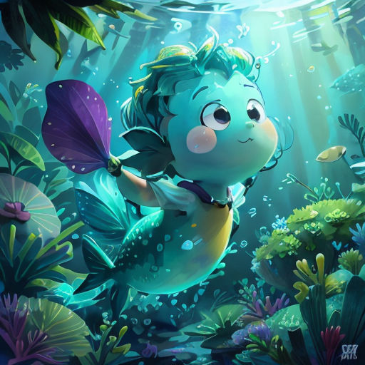 a cartoon character is swimming in the water with a fish in his hand and a fish in his mouth