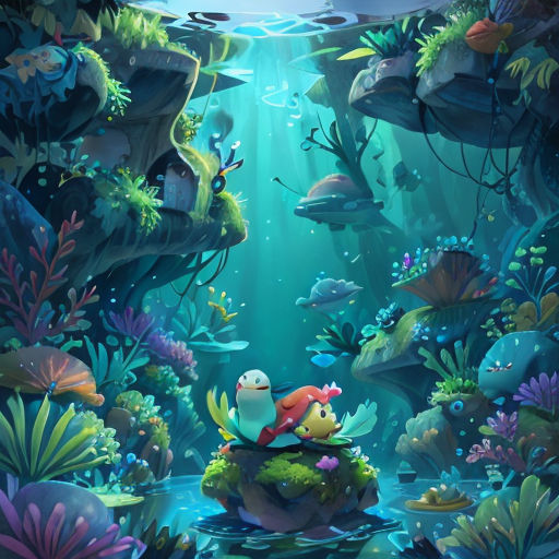a cartoon scene of a fish and a fish in the water with a lot of plants and rocks on the bottom
