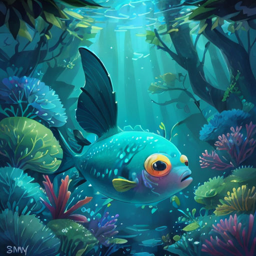 a painting of a fish in a deep blue sea with algaes and plants around it, with a light shining on the water