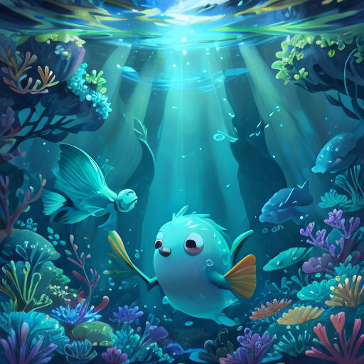 a painting of a blue fish in the ocean with a light shining down on it's head and a fish in the water