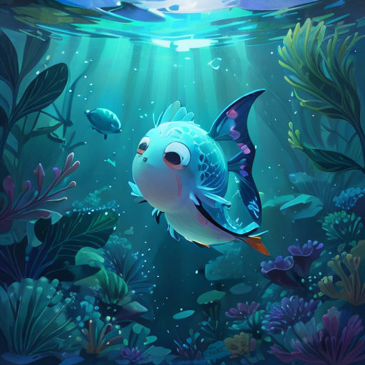 a fish swimming in the ocean with a lot of plants and fish around it, and a light shining on the water