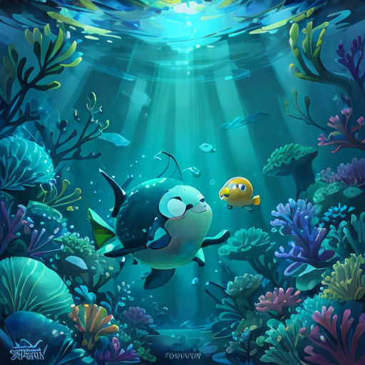 a painting of a fish and a fish in the ocean with a light shining on it's side