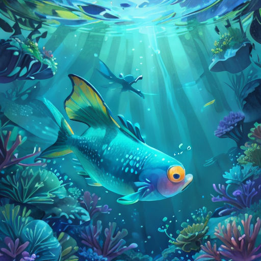 a painting of a fish swimming in the ocean with other fish around it and a sunbeam above it