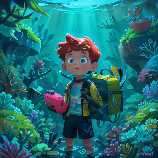 a boy with a backpack and a scuba mask standing in a underwater scene with corals and plants on the bottom of the water