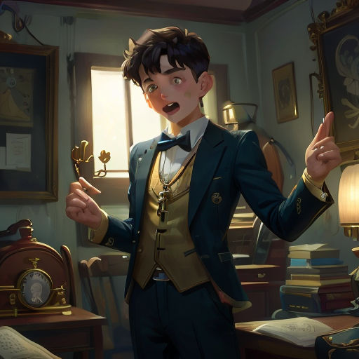 a boy in a suit holding a golden object in his hand and a clock in the background with a window