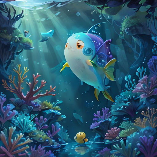 a painting of a fish and a fish in the water with algaes and other marine life around it