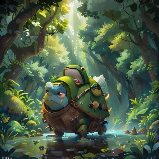 a cartoon character is walking through a forest with a backpack on his back and a fish in his hand