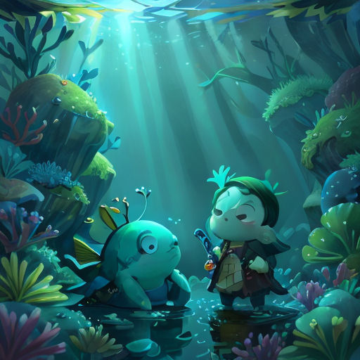 a cartoon character standing in a underwater scene with a fish and a frog in the water, with a fish in the water