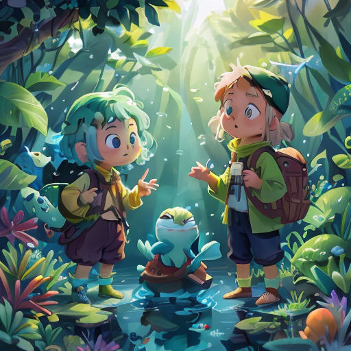 two children in the woods with a frog and a frog in the water, looking at each other and pointing at something