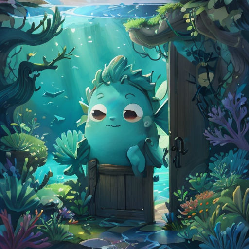 a cartoon character is sitting in a doorway in the ocean with a fish on it's back and a fish on its back