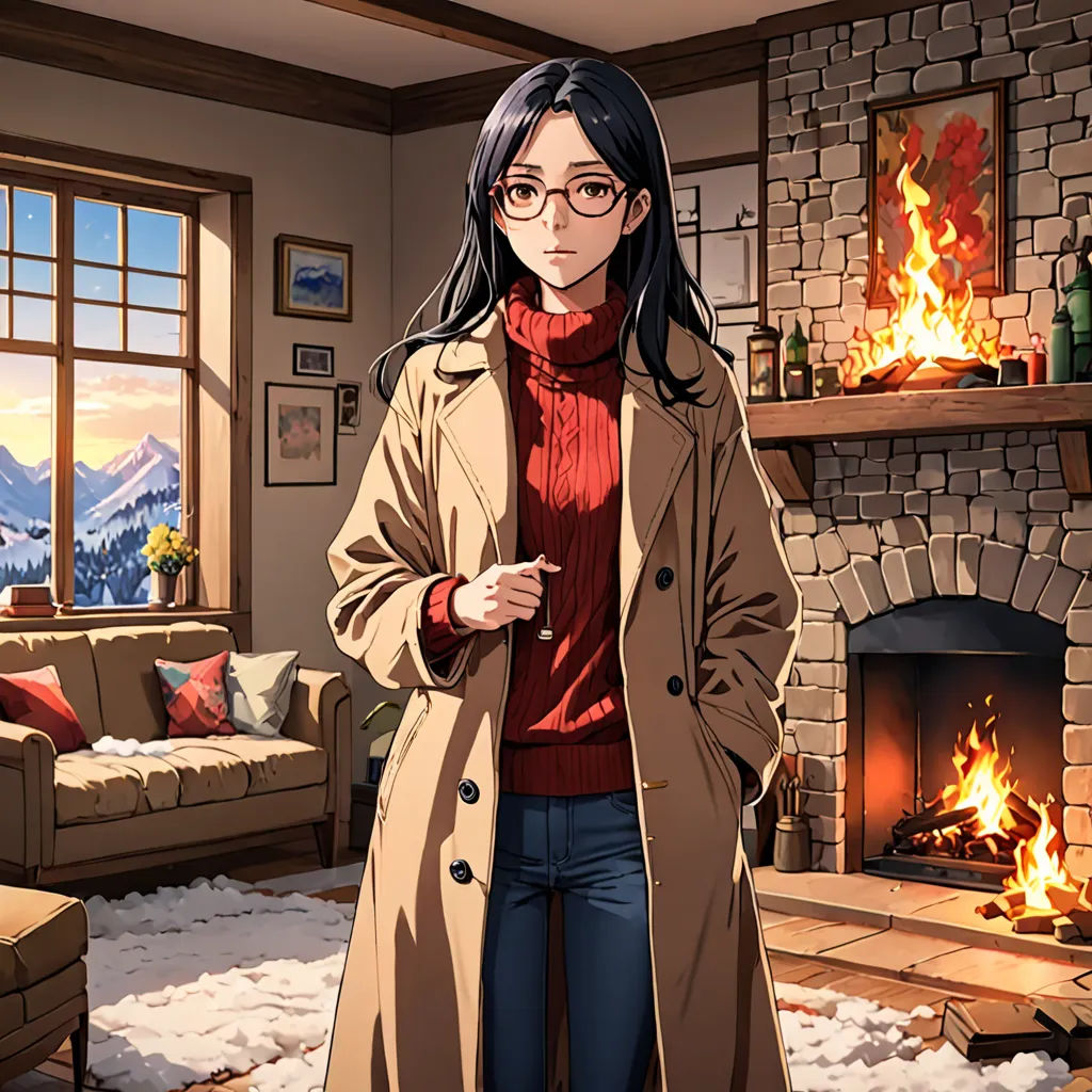 a woman in a coat standing in front of a fireplace in a living room with a fire place and a couch, Ayako Rokkaku, remodernism, a character portrait, official art