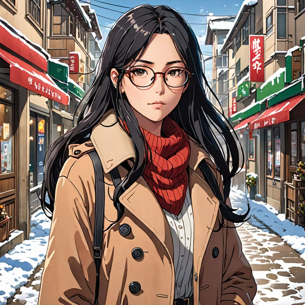 a woman in a trench coat and scarf walking down a snowy street with a red scarf around her neck, Artgerm, sots art, a character portrait, official art