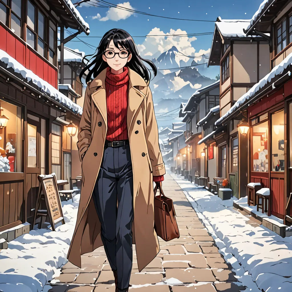 a woman walking down a snow covered street in a town with a mountain in the background and a sky with clouds, Ayako Rokkaku, aestheticism, an album cover, anime key visual
