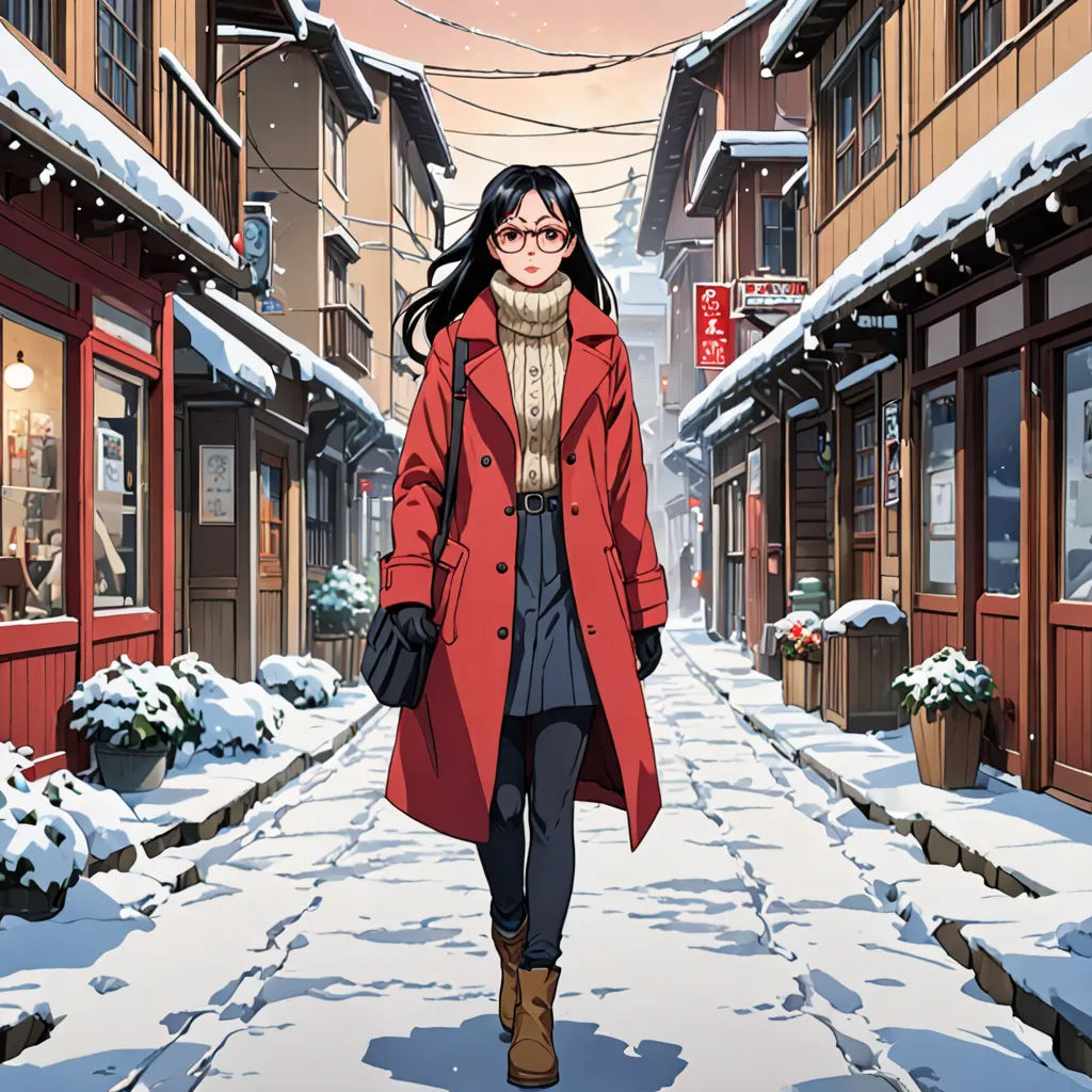 a woman walking down a snow covered street in a red coat and scarf, with a red coat on, Ayako Rokkaku, ukiyo-e, poster art, anime key visual