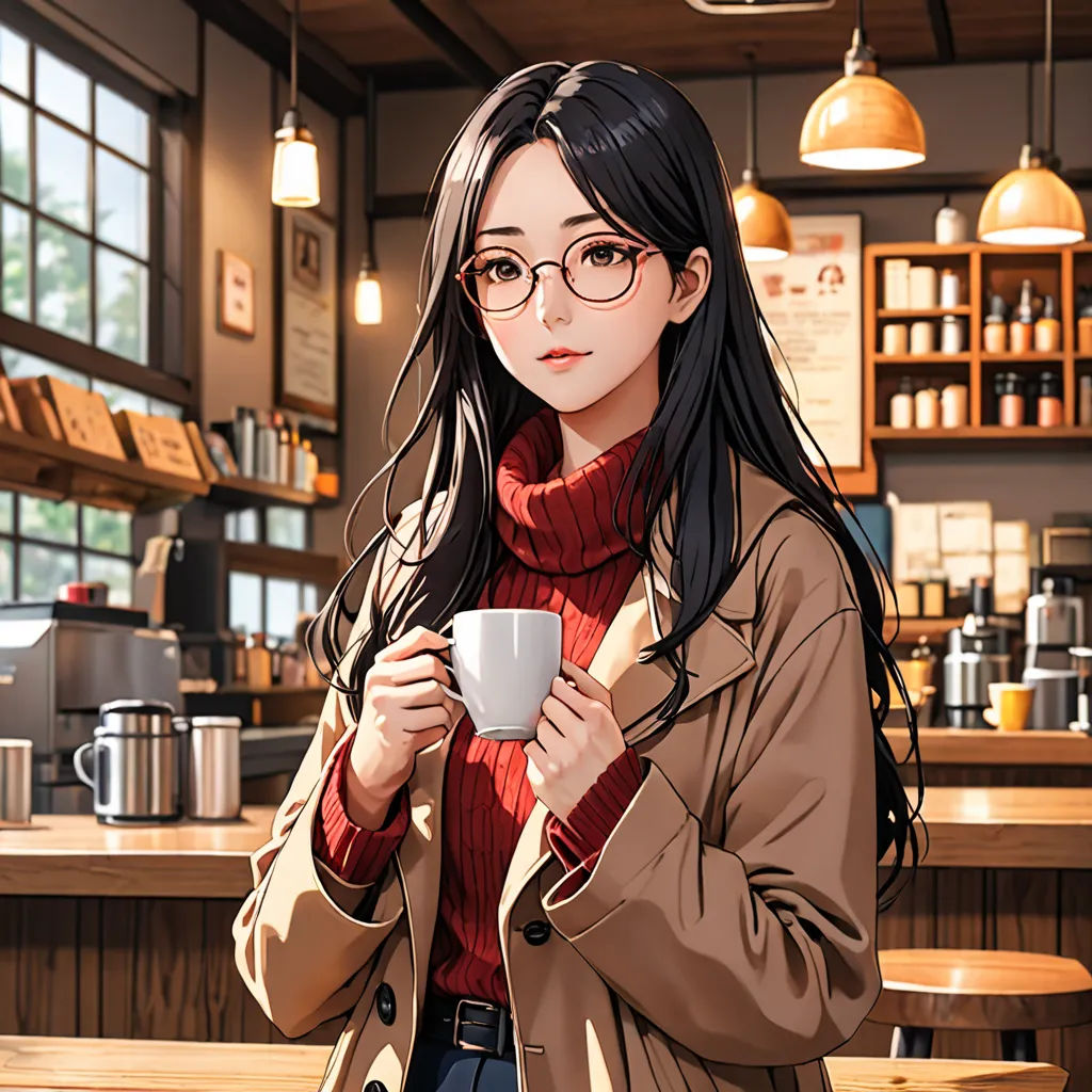 a woman holding a cup of coffee in a coffee shop with a window behind her and a shelf with shelves with shelves on both sides, Ayako Rokkaku, serial art, a character portrait, official art