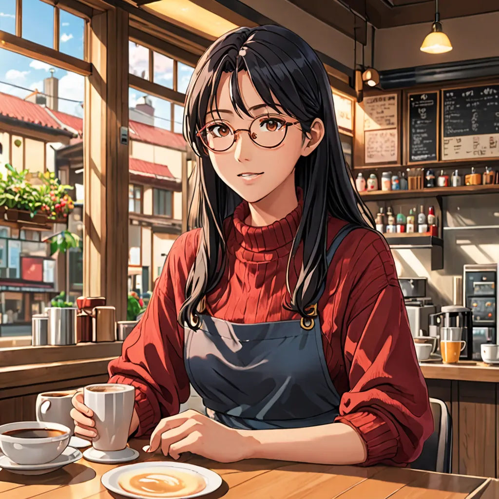 a woman sitting at a table with a cup of coffee in front of her and a menu in the background, Ayako Rokkaku, american scene painting, a character portrait, official art