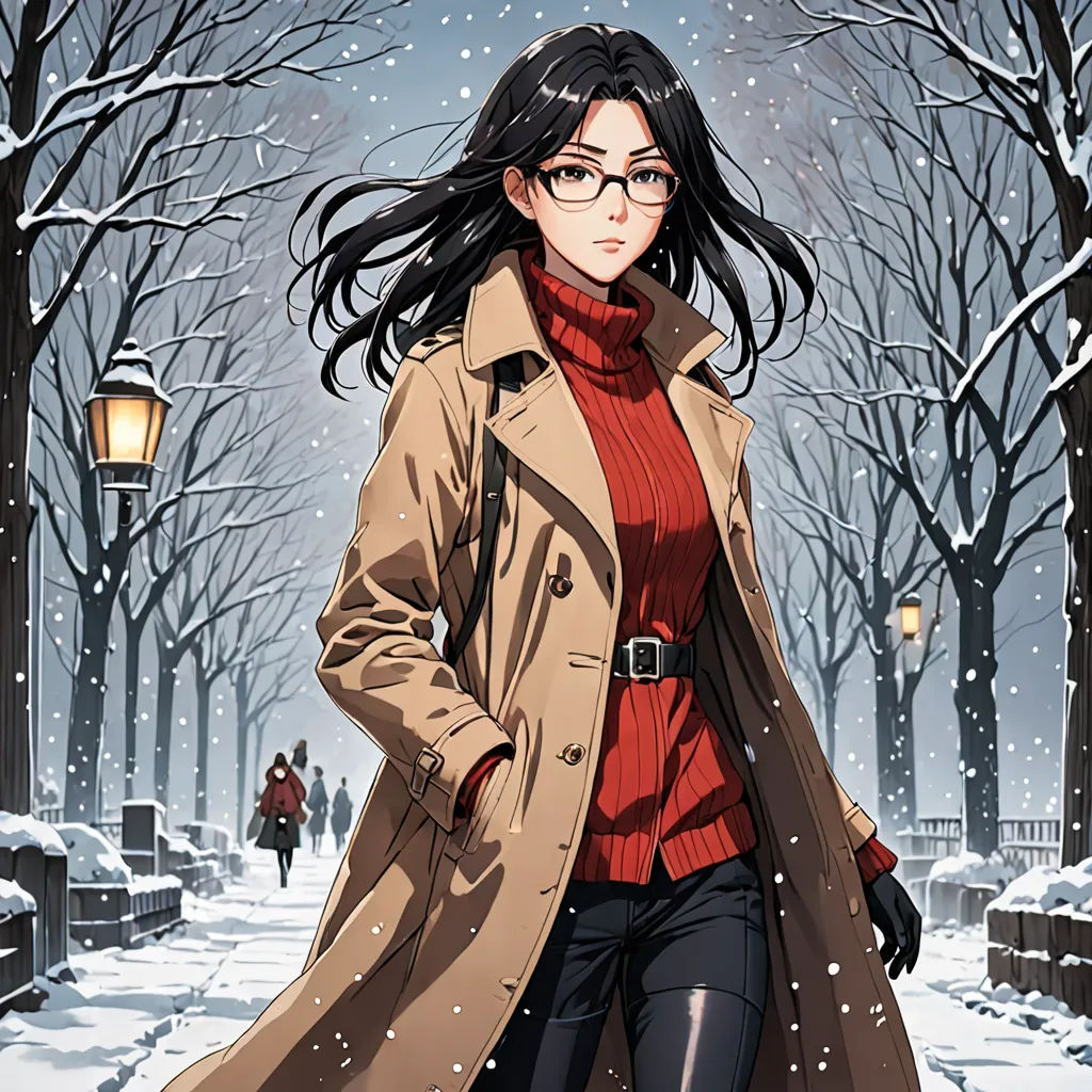 a woman in a trench coat walking through a snowy park with a lantern on the side of the street, Ayako Rokkaku, aestheticism, a character portrait, official art
