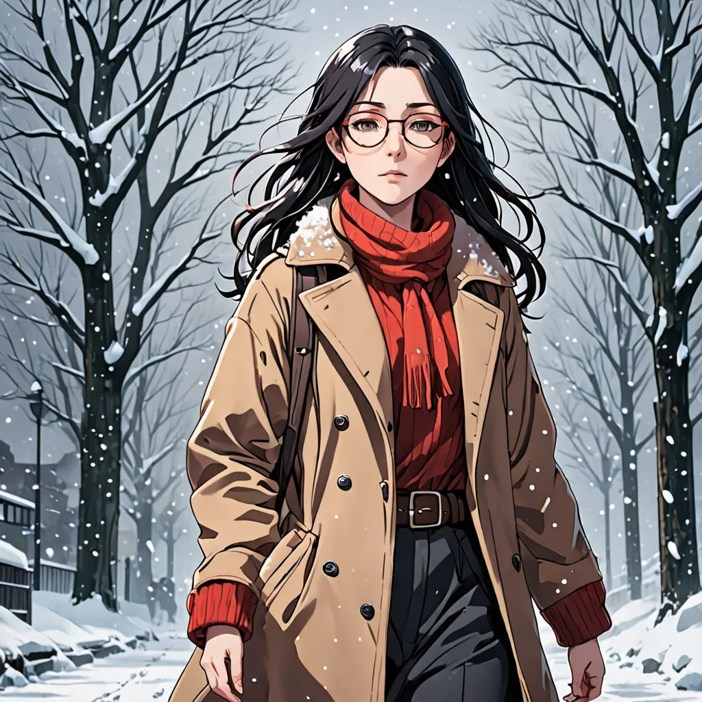 a woman walking down a snow covered street in a coat and scarf, with a suitcase in her hand, Ayako Rokkaku, serial art, a character portrait, official art