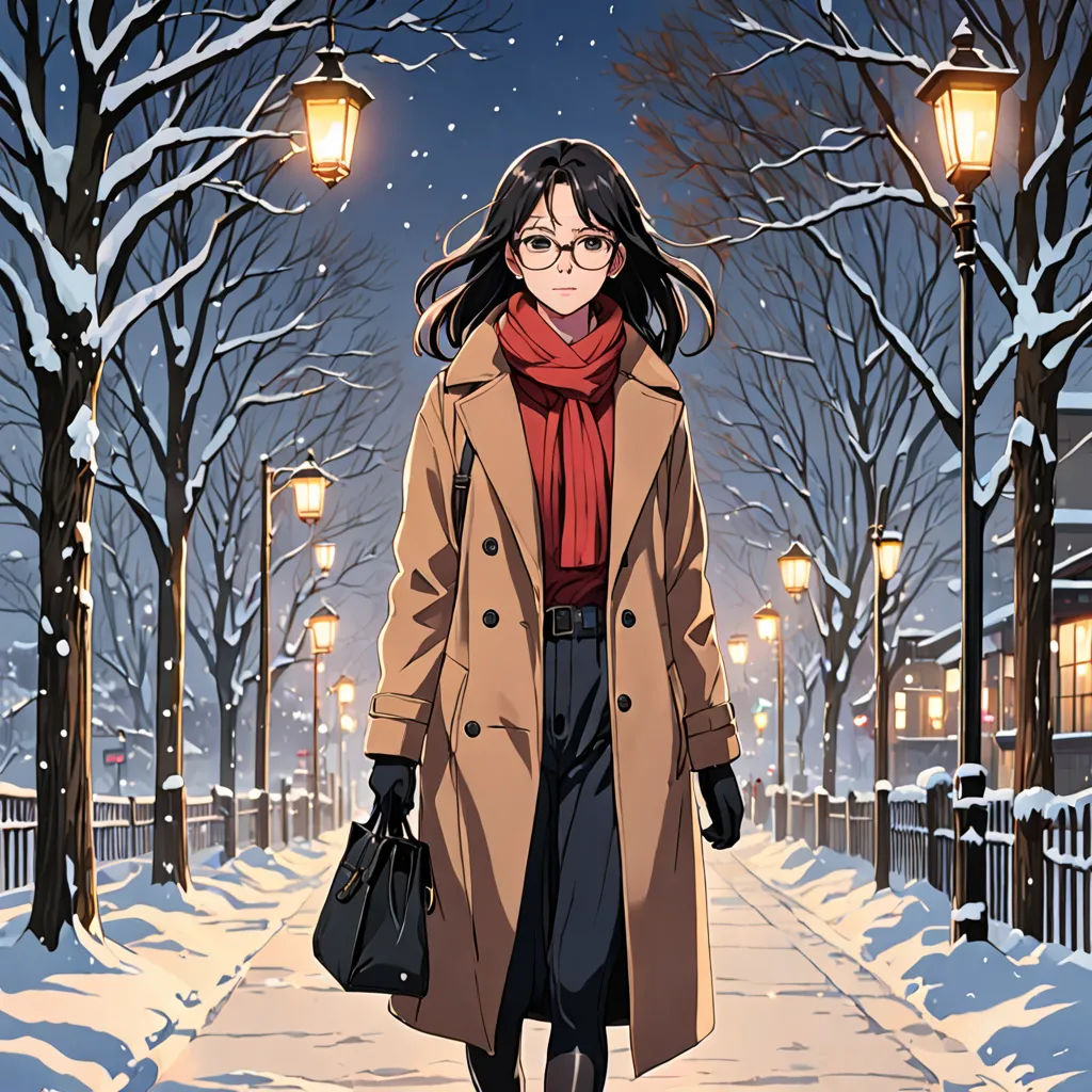 a woman walking down a snowy street at night with a red scarf on her neck and a brown coat on, Ayako Rokkaku, serial art, poster art, official art