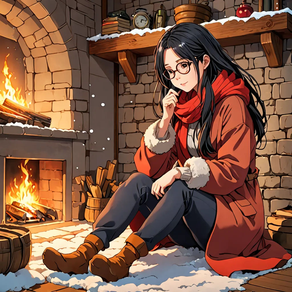 a woman sitting in front of a fireplace with a red coat on and a red scarf around her neck, Ayako Rokkaku, sots art, a character portrait, official art