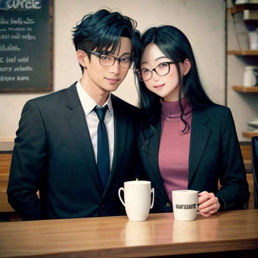 a man and woman are posing for a picture with a coffee cup in front of them and a chalkboard behind them