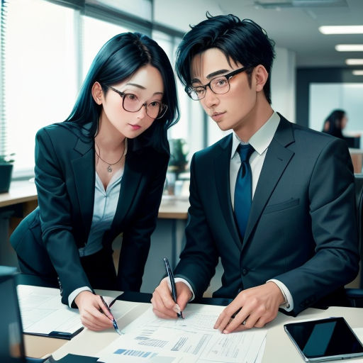a man and woman in business attire writing on a piece of paper at a desk with a tablet and a phone