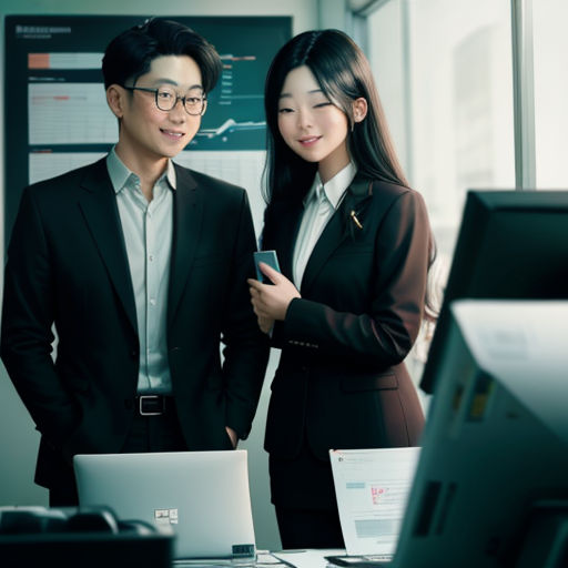 a man and woman standing next to each other in front of a laptop computer and a monitor screen with a screen on it
