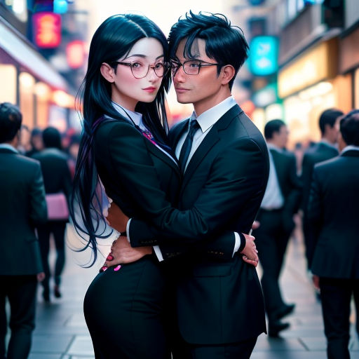 a man and woman dressed in business attire standing together in a city street with people walking by on the sidewalk