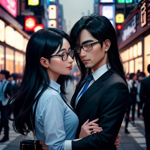 a couple of people standing next to each other on a street with neon signs in the background and a woman in a suit