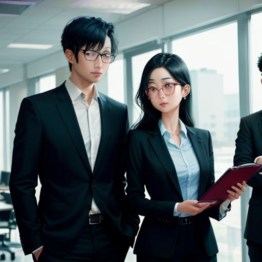 three people in suits and ties standing in an office setting with a binder in their hands and a binder in their other hand