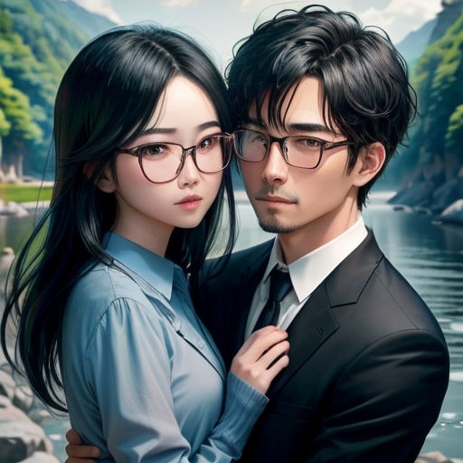 a couple is posing for a picture together in front of a river and mountains with a mountain in the background