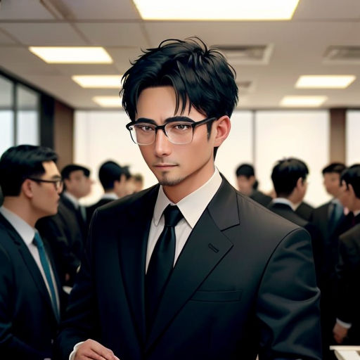 a man in a suit and tie standing in a room full of people wearing suits and ties and glasses