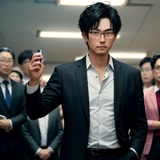 a man in a suit holding a cell phone in front of a group of people in suits and ties