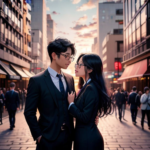 a couple of people that are standing in the street together in front of a building with a sky background