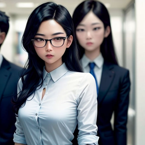 a woman in a white shirt and black glasses standing in front of a group of people in suits and ties