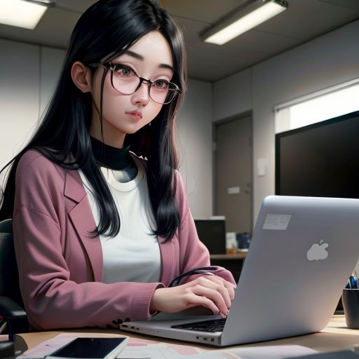 a woman sitting at a desk with a laptop computer in front of her, with a mouse and pen in her hand