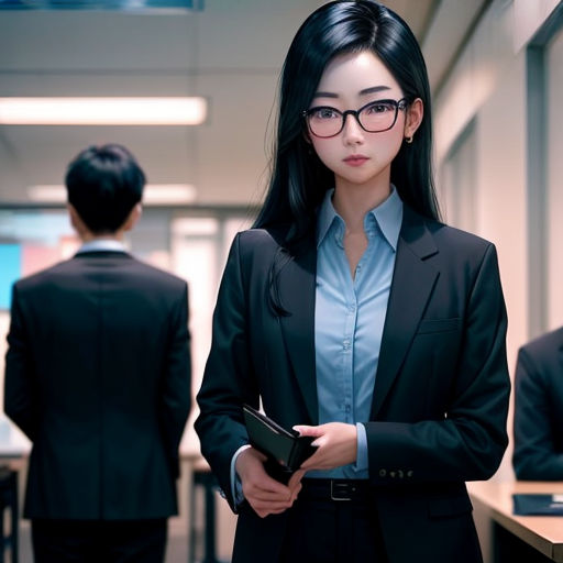 a woman in a suit and glasses standing in a room with other people in the background and a man in a suit and tie