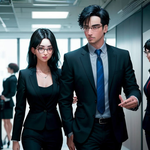 a man and woman walking down a hallway together in suits and ties, with a man in a suit and tie