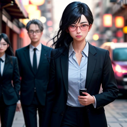 a woman in a suit and tie walking down a street with two men in suits behind her and a cell phone in her hand