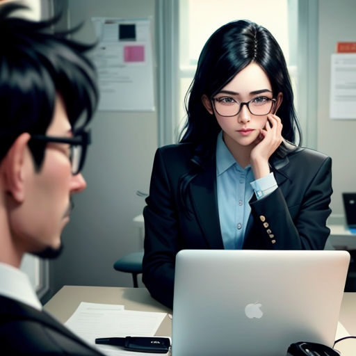a woman sitting at a desk with a laptop computer in front of her and a man in a suit