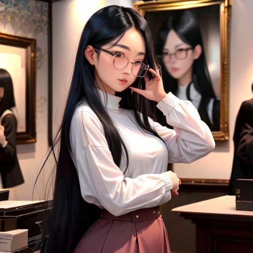 a woman with long black hair and glasses is talking on a cell phone in a room with a painting of a woman