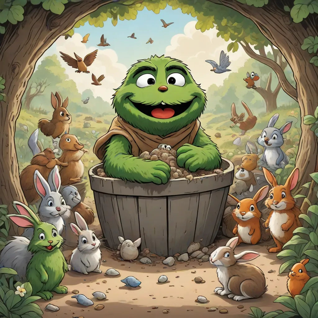 a cartoon character is sitting in a barrel full of rabbits and other animals in a forest setting with a tree, furry art, a storybook illustration, Artur Grottger, official art